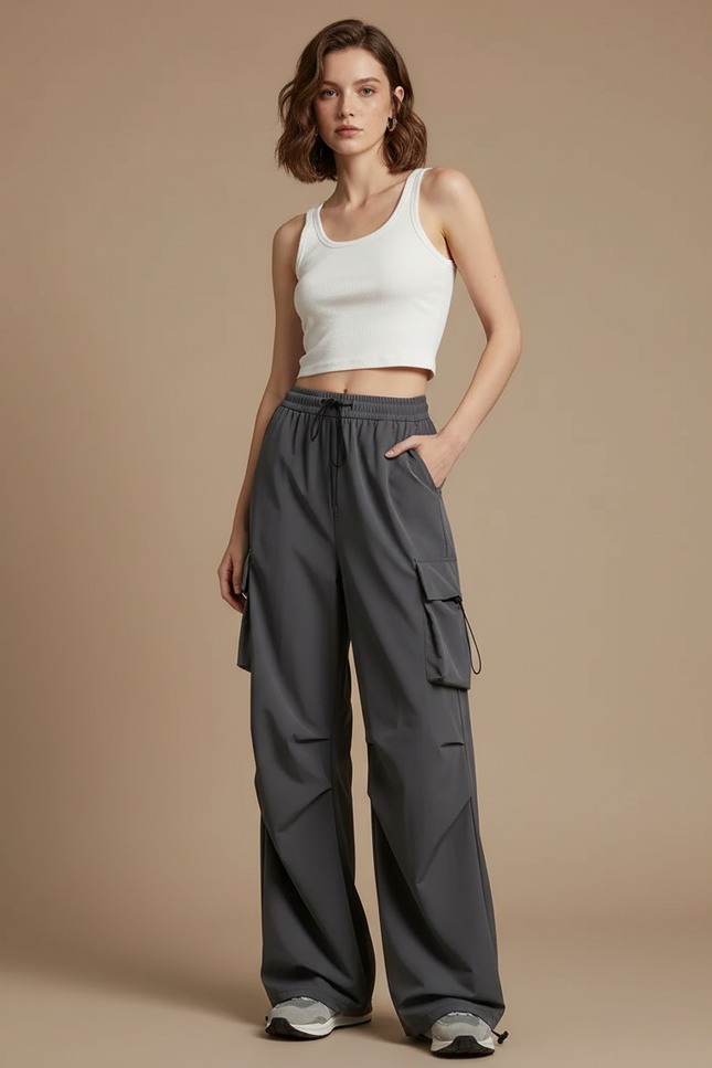 Pantalon Cargo Gris Ample Décontracté Taille Haute - Polyester
