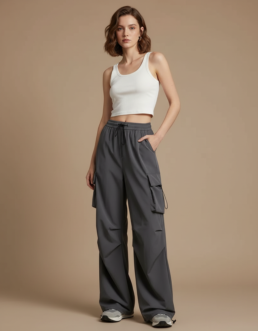 Pantalon Cargo Gris Ample Décontracté Taille Haute - Polyester