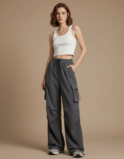Pantalon Cargo Gris Ample Décontracté Taille Haute - Polyester