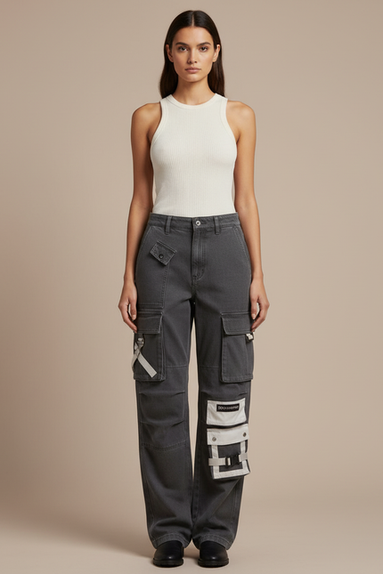 Pantalon Cargo Gris Ample Décontracté Poches Multiples Femme - Jean
