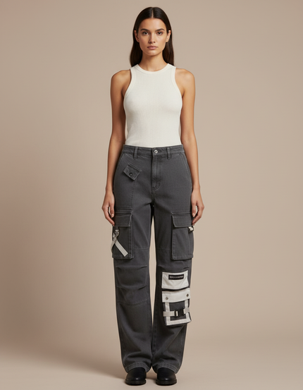 Pantalon Cargo Gris Ample Décontracté Poches Multiples Femme - Jean
