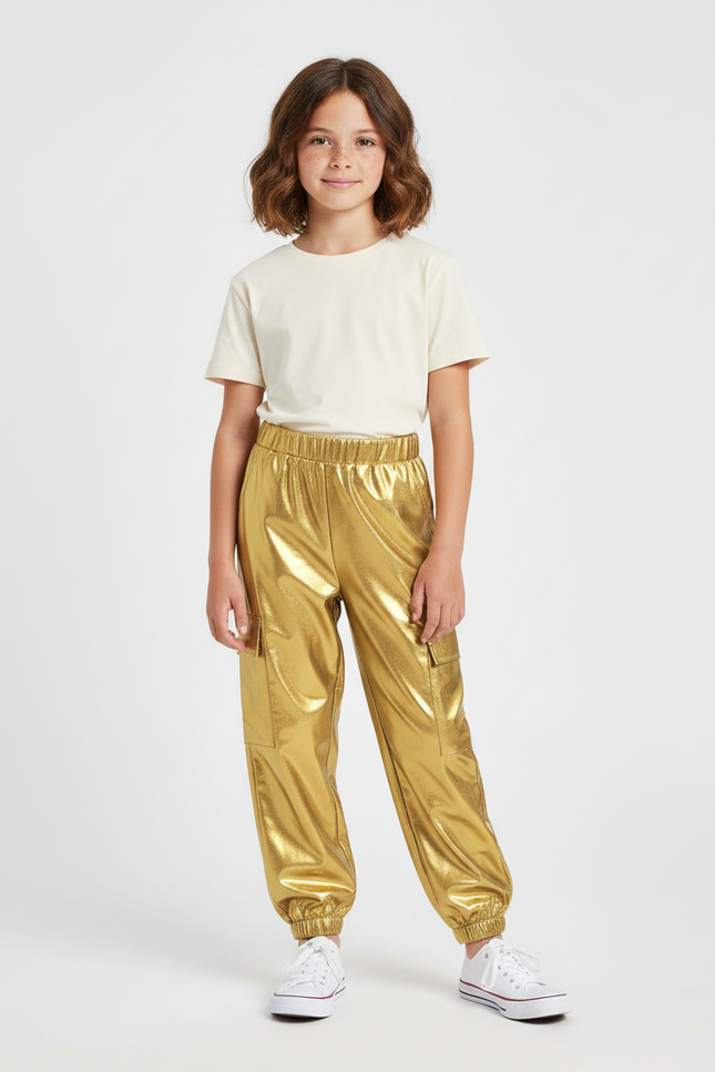 Pantalon Cargo Métallique Doré Ample Poches Enfant - Simili cuir