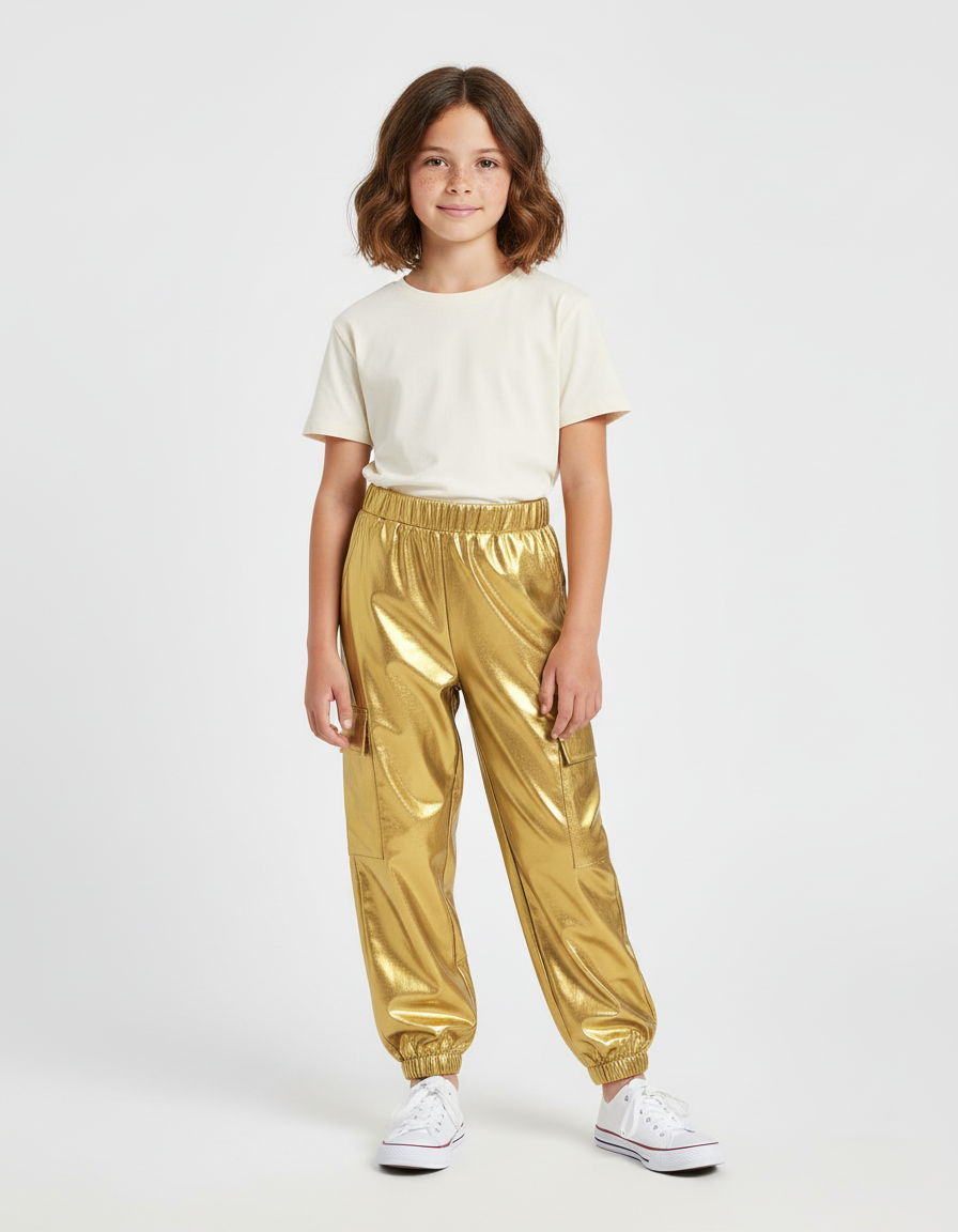 Pantalon Cargo Métallique Doré Ample Poches Enfant - Simili cuir