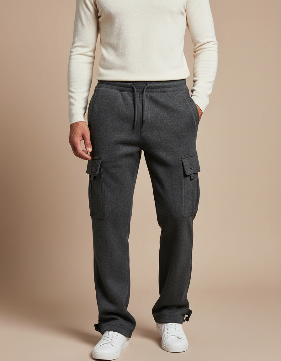 Pantalon Cargo Gris Ample Molletonné Multi-Poches