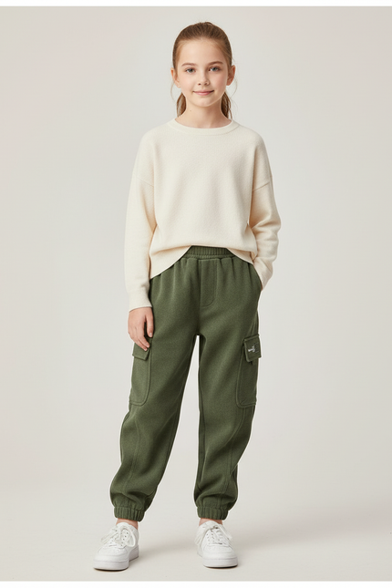Pantalon Cargo Vert Molletonné Ample Enfant Décontracté - Kaki