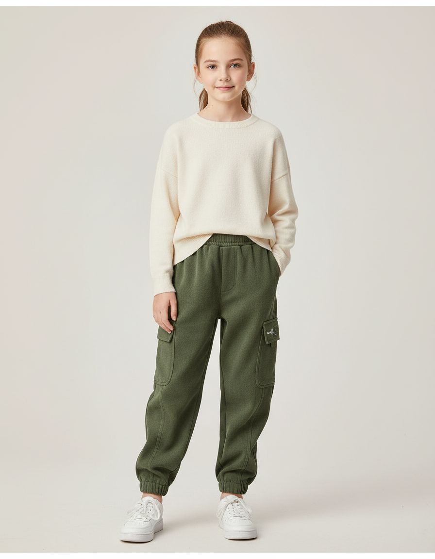 Pantalon Cargo Vert Molletonné Ample Enfant Décontracté - Kaki