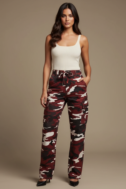 Pantalon Cargo Camouflage Rouge Ample Femme Poches - Bordeaux Toile