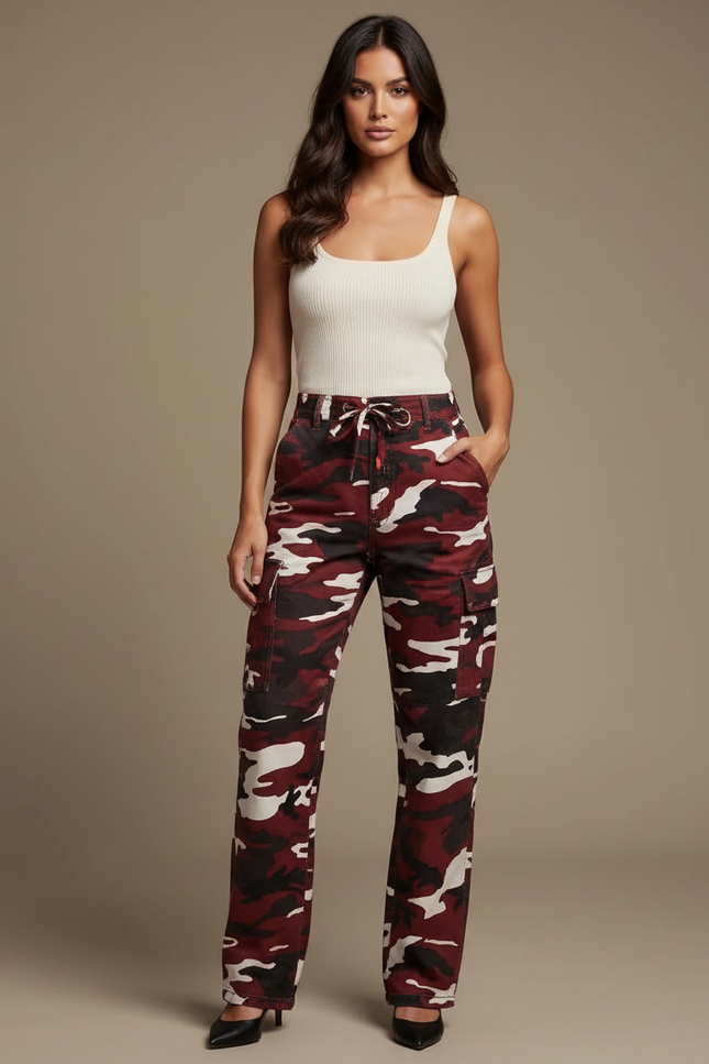 Pantalon Cargo Camouflage Rouge Ample Femme Poches - Bordeaux Toile