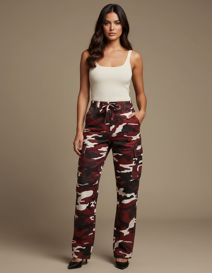 Pantalon Cargo Camouflage Rouge Ample Femme Poches - Bordeaux Toile