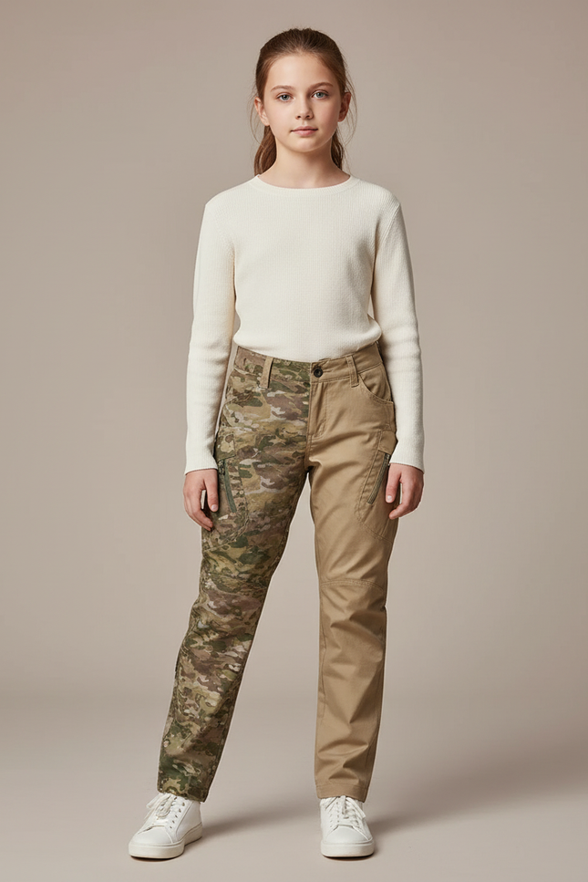 Pantalon Cargo Bicolore Camouflage Kaki Slim Enfant - Gabardine