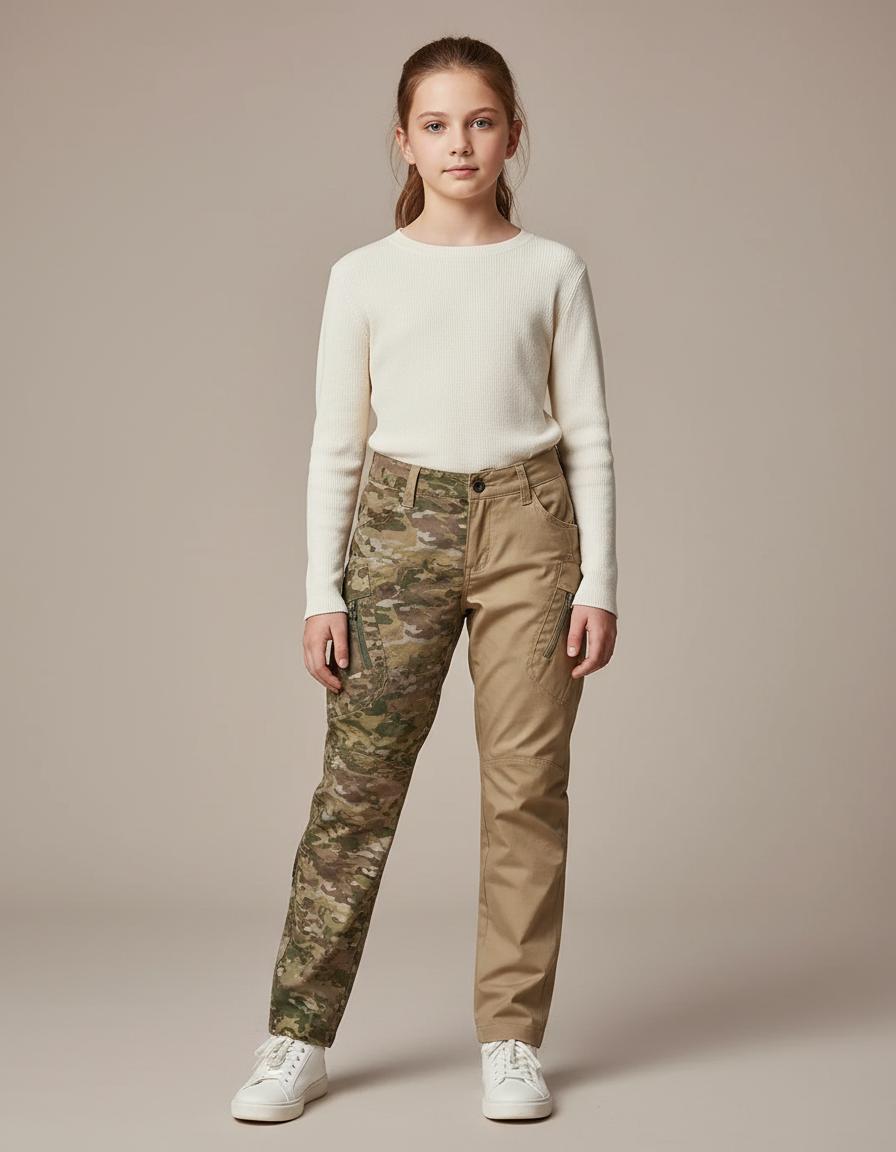 Pantalon Cargo Bicolore Camouflage Kaki Slim Enfant - Gabardine