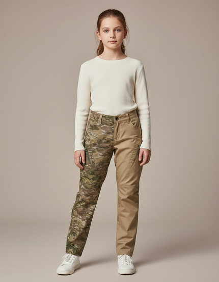 Pantalon Cargo Bicolore Camouflage Kaki Slim Enfant - Gabardine