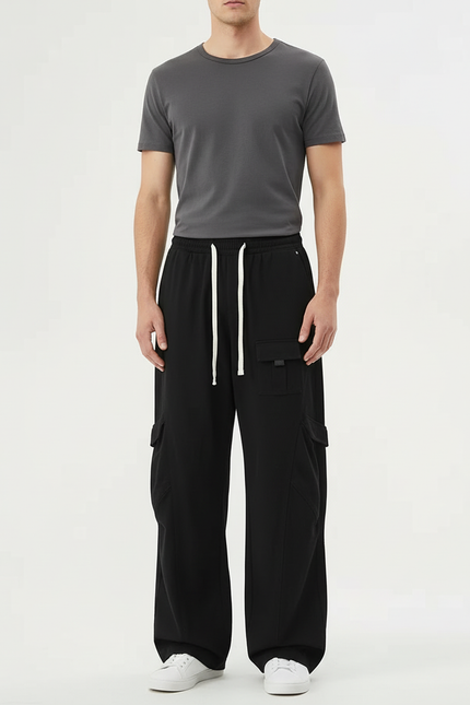 Pantalon Cargo Homme Noir Baggy Coton - Molleton