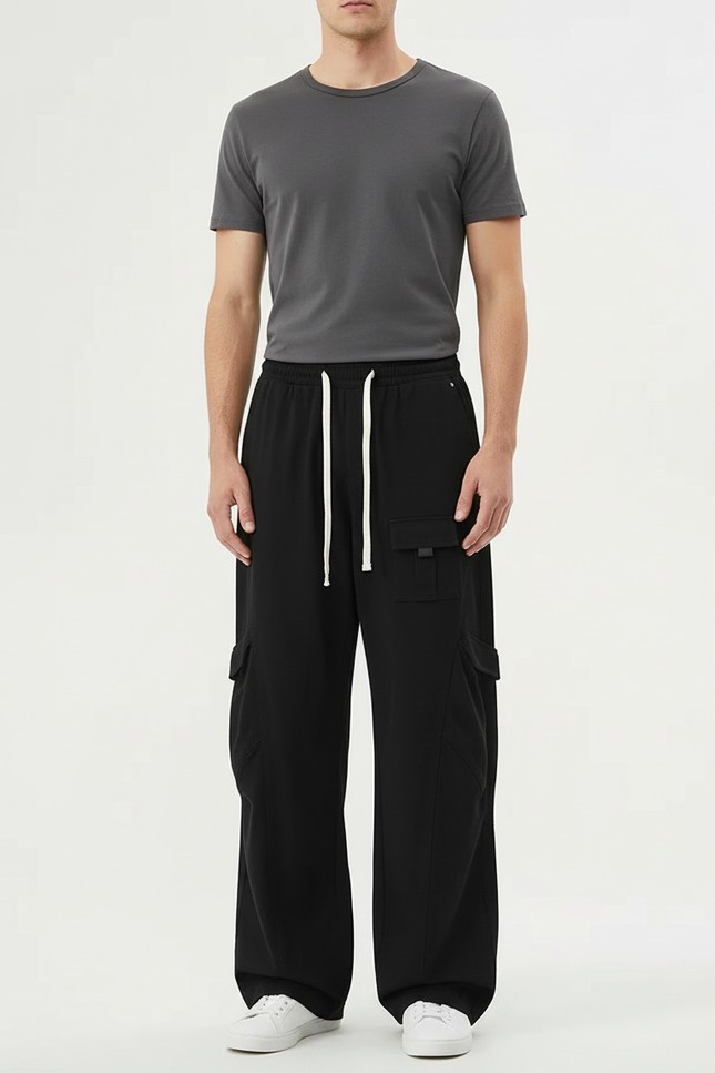 Pantalon Cargo Homme Noir Baggy Coton - Molleton