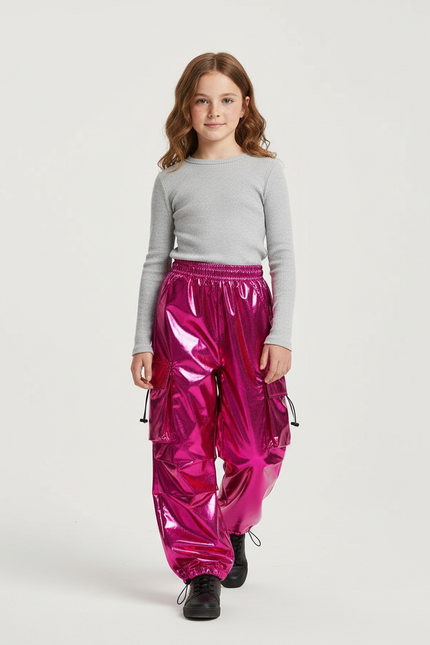 Pantalon Cargo Fuchsia Brillant Ample Fille - Rose Polyester