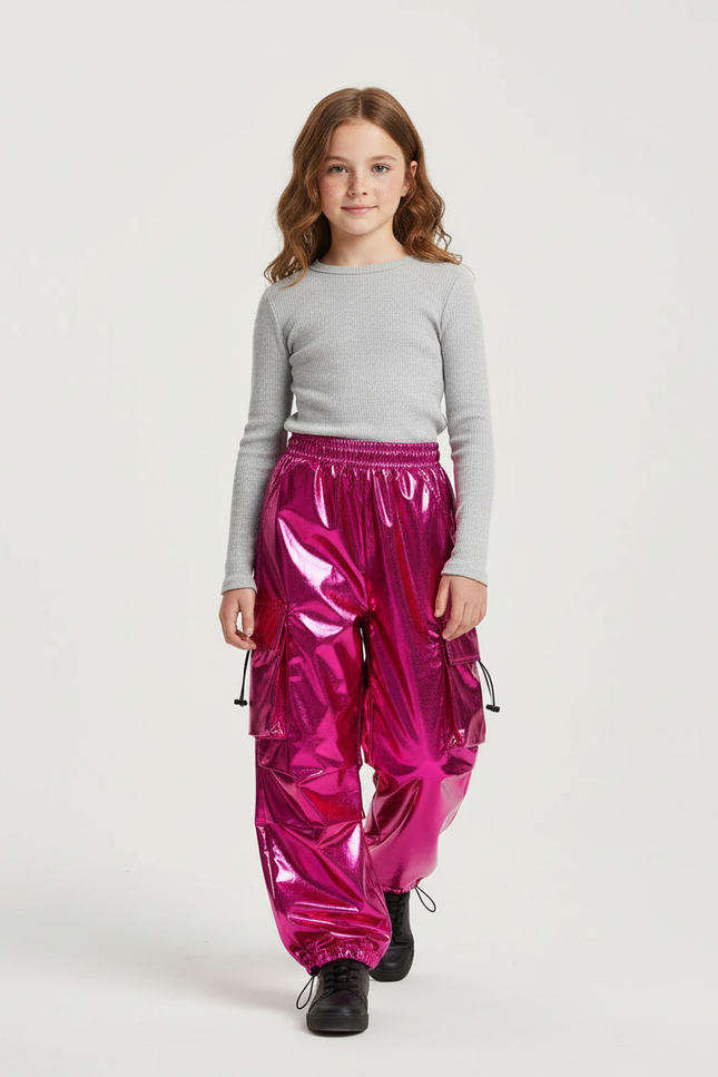 Pantalon Cargo Fuchsia Brillant Ample Fille - Rose Polyester