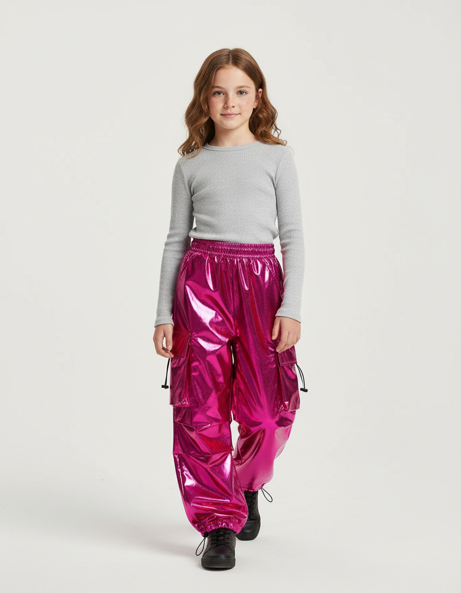 Pantalon Cargo Fuchsia Brillant Ample Fille - Rose Polyester