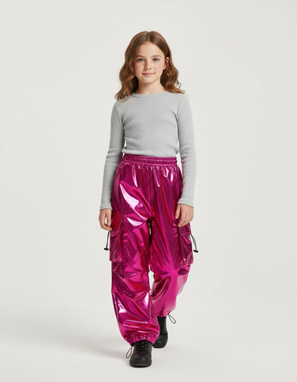 Pantalon Cargo Fuchsia Brillant Ample Fille - Rose Polyester