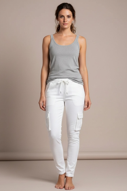 Pantalon Cargo Blanc Skinny Cordon Multi-Poches Femme - Coton