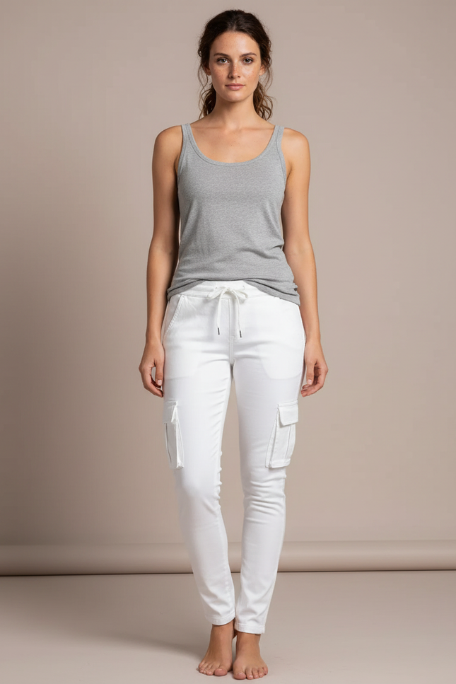 Pantalon Cargo Blanc Skinny Cordon Multi-Poches Femme - Coton