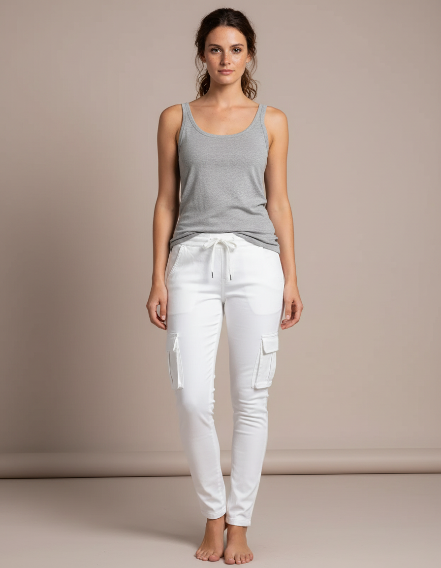 Pantalon Cargo Blanc Skinny Cordon Multi-Poches Femme - Coton