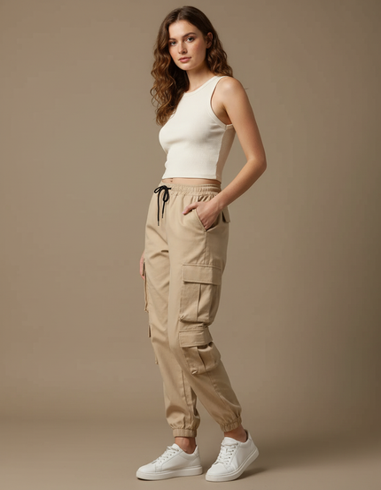 Pantalon Cargo Beige Décontracté Multipoches Femme - Toile