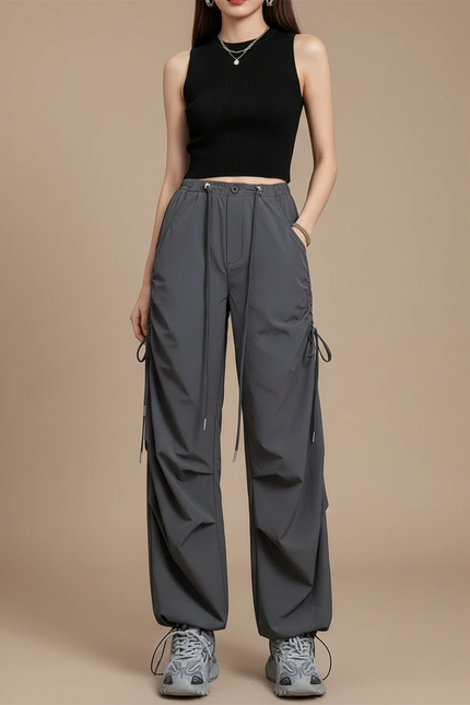 Pantalon Cargo Gris Ample Cordon Streetwear Femme - Polyester