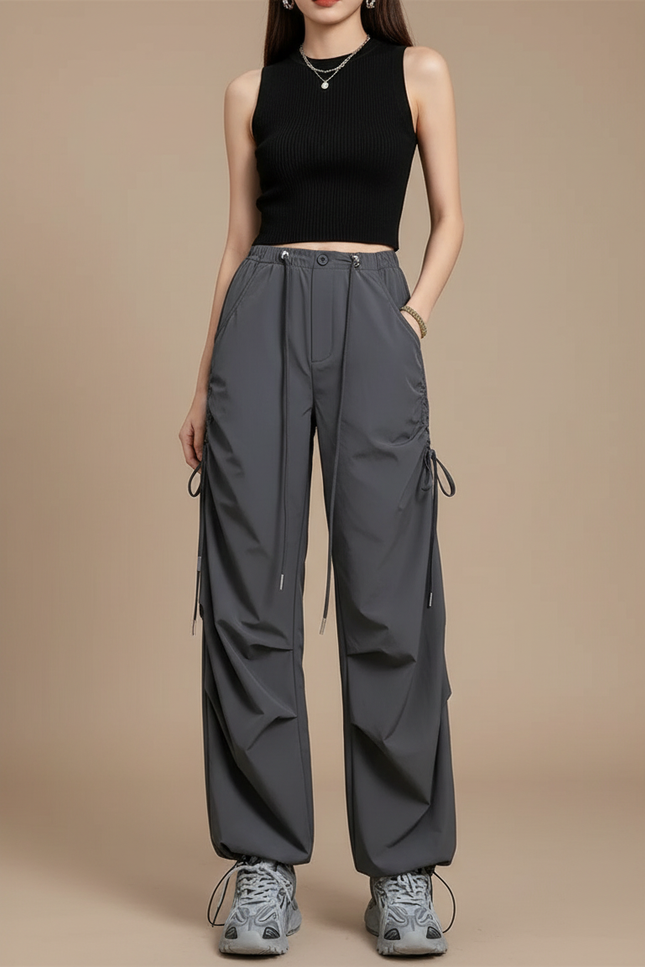 Pantalon Cargo Gris Ample Cordon Streetwear Femme - Polyester