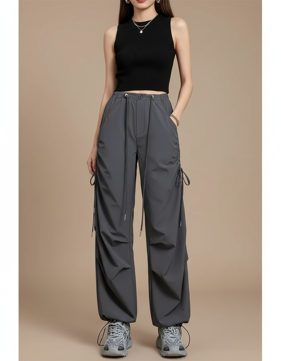 Pantalon Cargo Gris Ample Cordon Streetwear Femme - Polyester