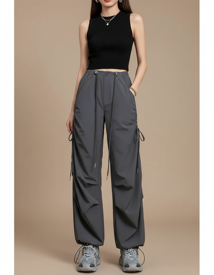 Pantalon Cargo Gris Ample Cordon Streetwear Femme - Polyester