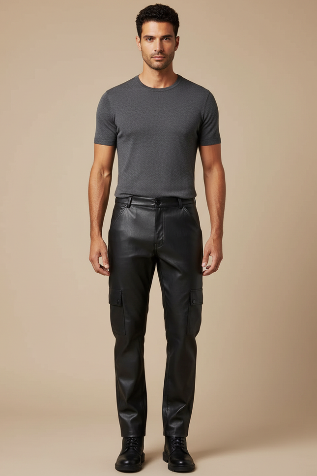 Pantalon Cargo Homme Noir Similicuir Droit Poches Latérales - Simili cuir