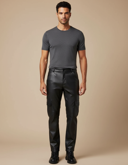Pantalon Cargo Homme Noir Similicuir Droit Poches Latérales - Simili cuir