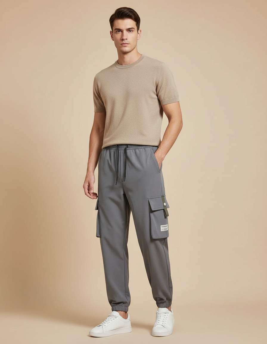 Pantalon Cargo Gris Décontracté Sport Jogger Poches - Polyester