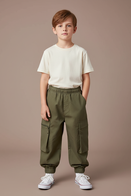 Pantalon Cargo Kaki Enfant Ample Multipoches Décontracté - Toile