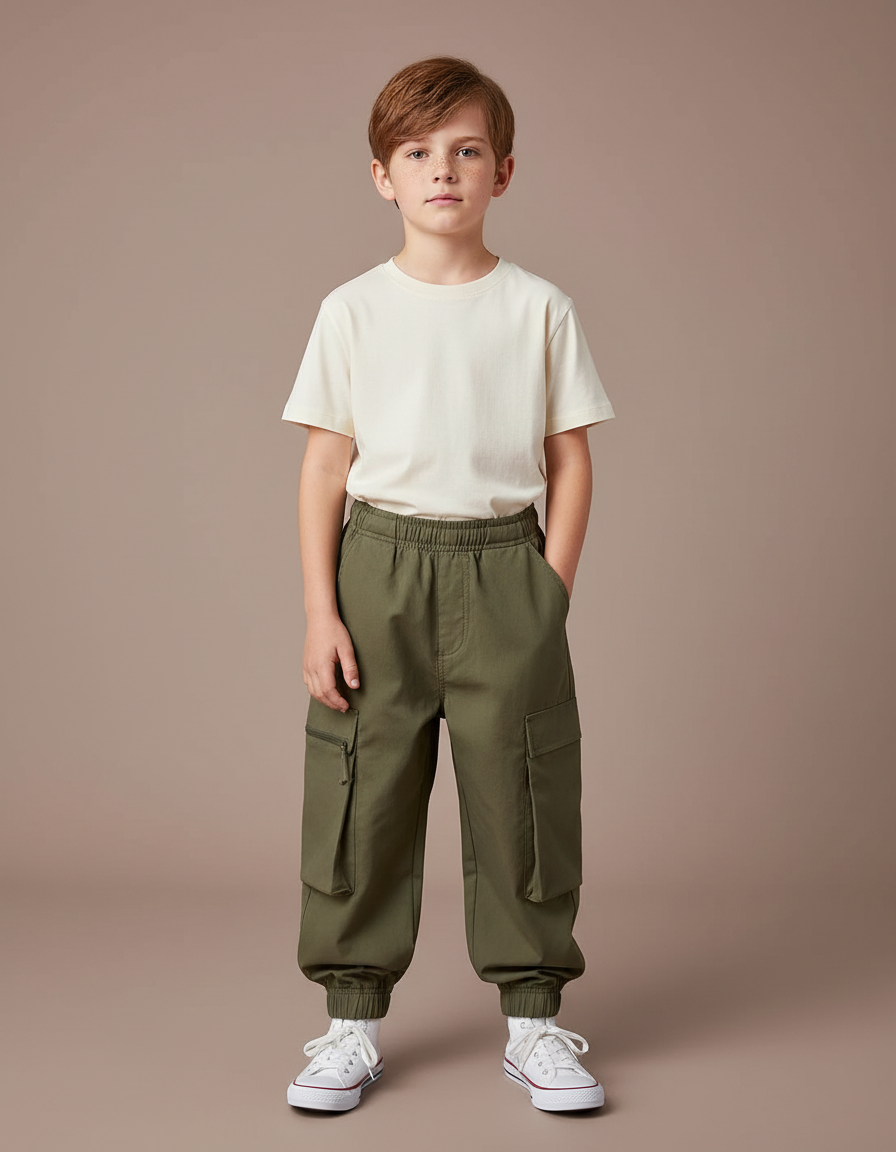 Pantalon Cargo Kaki Enfant Ample Multipoches Décontracté - Toile