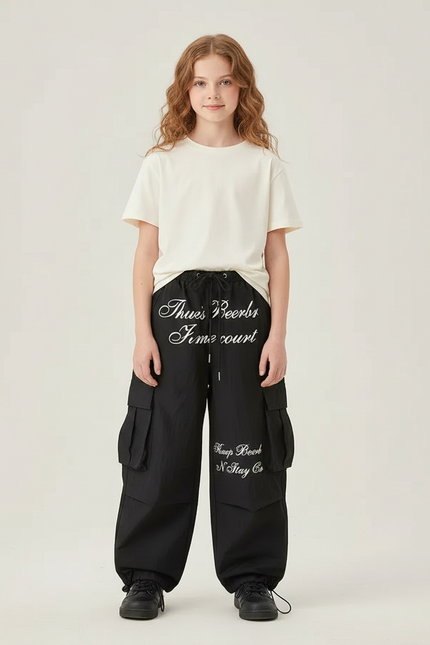 Pantalon Cargo Noir Ample Imprimé Fille - Polyester