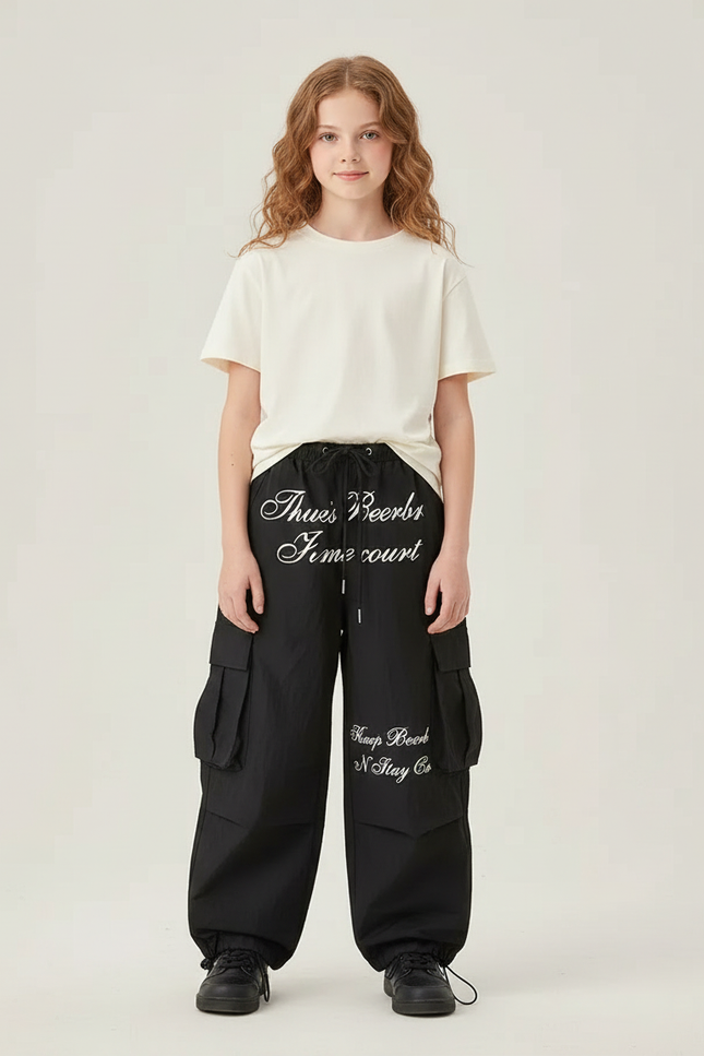 Pantalon Cargo Noir Ample Imprimé Fille - Polyester