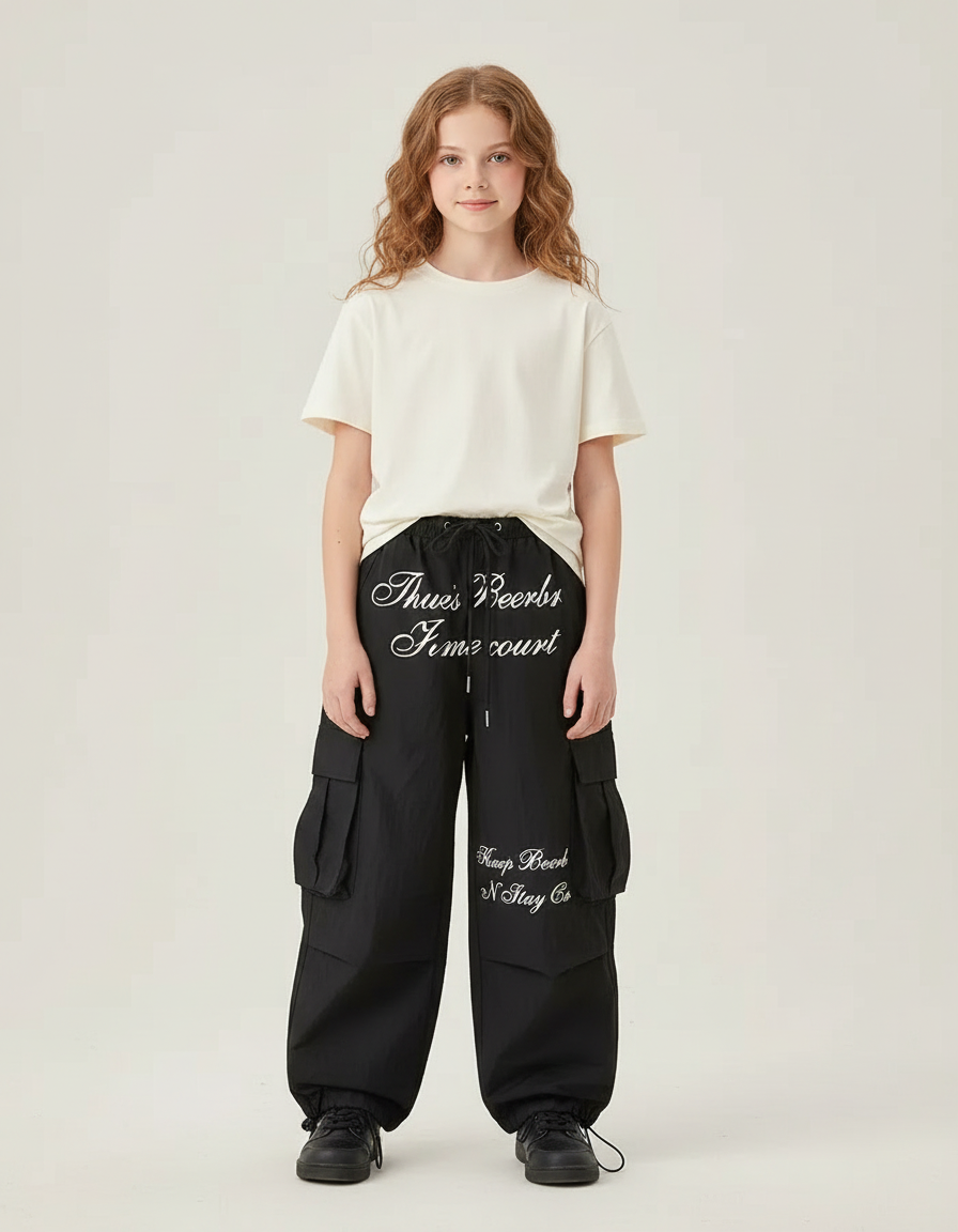 Pantalon Cargo Noir Ample Imprimé Fille - Polyester