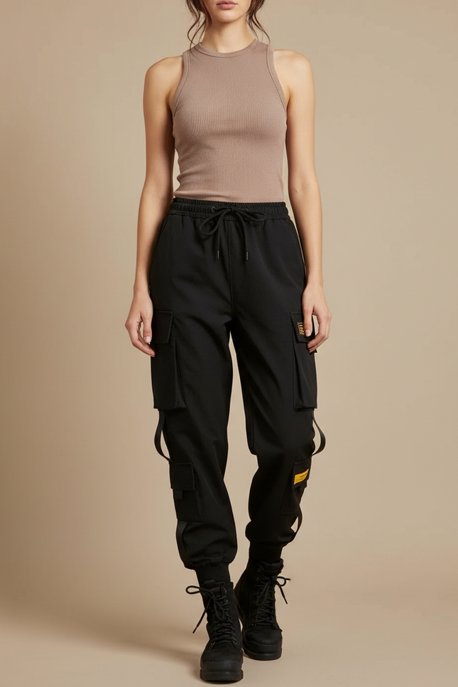 Pantalon Cargo Noir Ample Streetwear Poches Latérales - Polyester