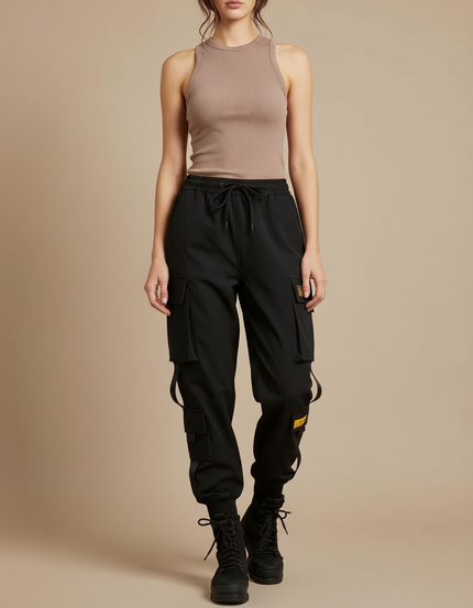 Pantalon Cargo Noir Ample Streetwear Poches Latérales - Polyester