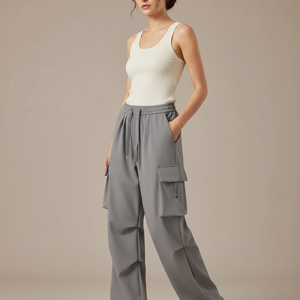 Pantalon Cargo Gris Ample Décontracté Sport Femme - Polyester