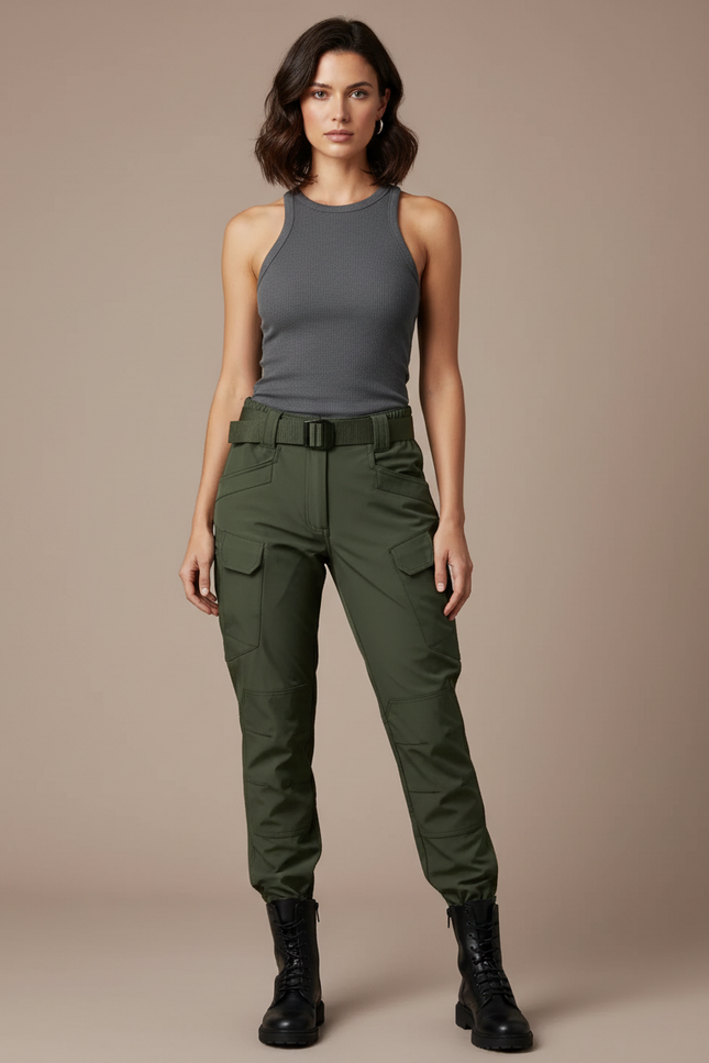 Pantalon Cargo Vert Militaire Femme Ajusté Multipoches - Polyester