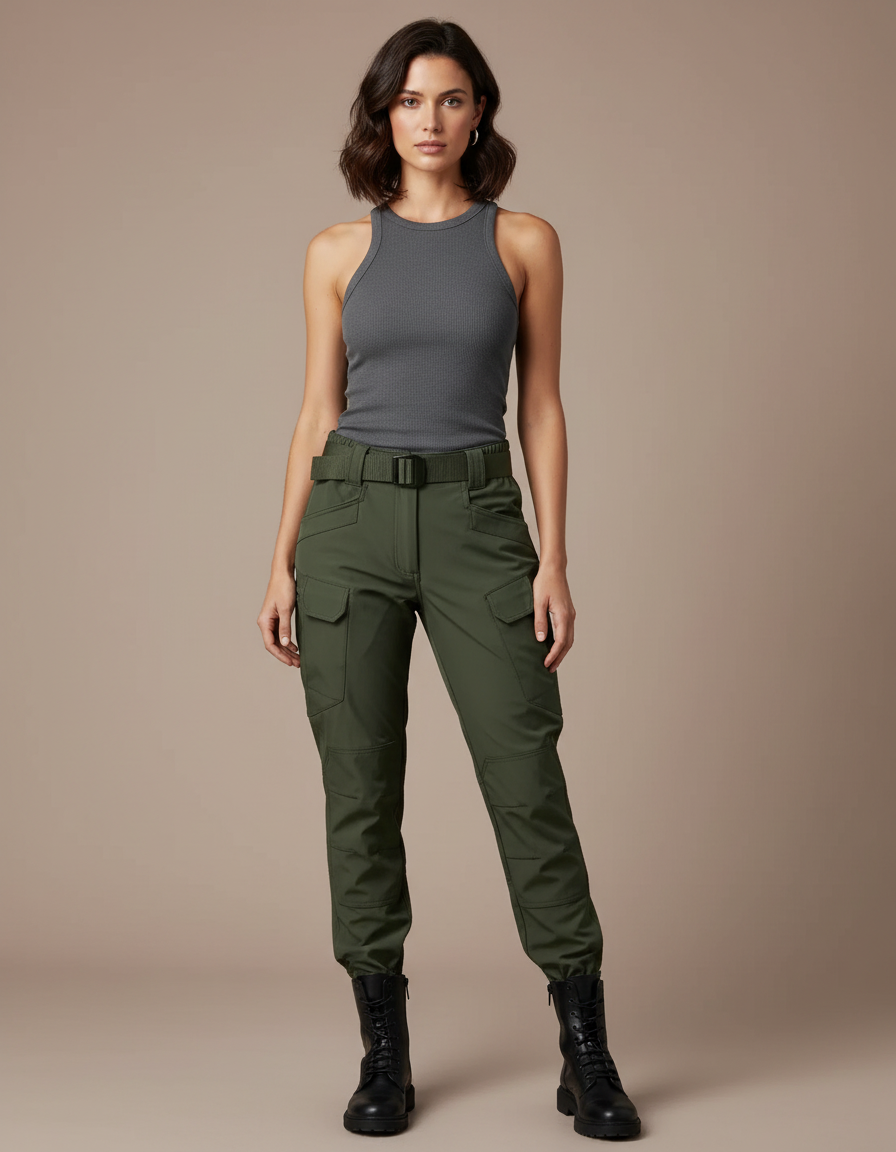 Pantalon Cargo Vert Militaire Femme Ajusté Multipoches - Polyester