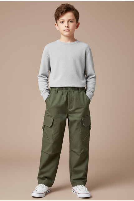 Pantalon Cargo Vert Kaki Ample Décontracté Enfant - Toile