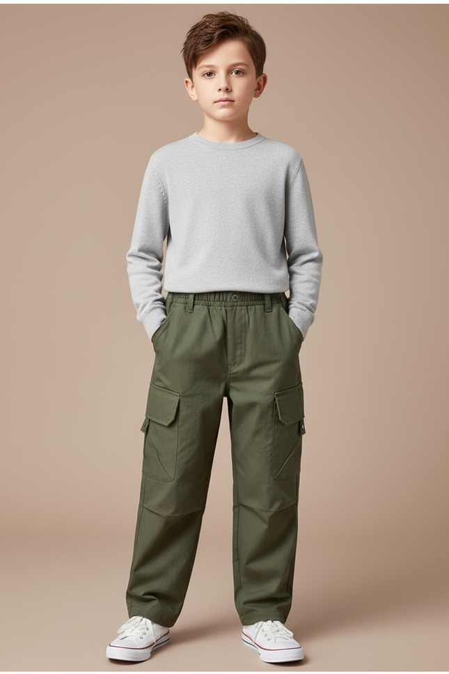 Pantalon Cargo Vert Kaki Ample Décontracté Enfant - Toile