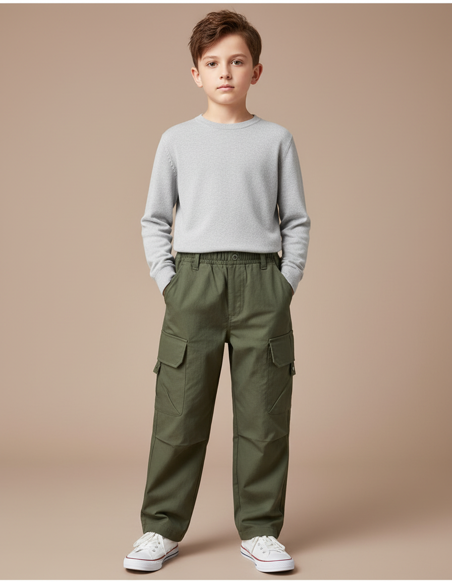 Pantalon Cargo Vert Kaki Ample Décontracté Enfant - Toile