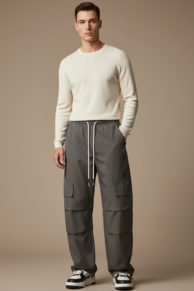 Pantalon Cargo Gris Ample Multipoches Cordon Décontracté - Polyester