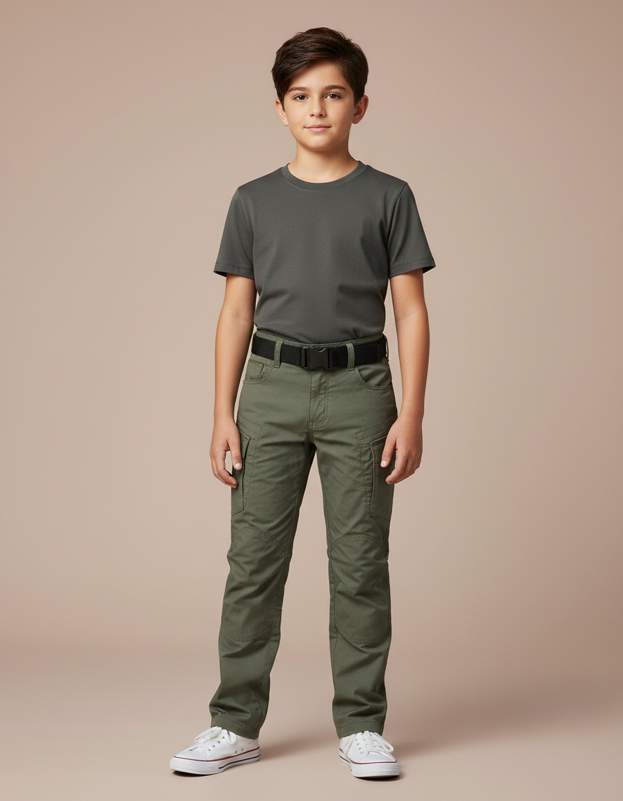 Pantalon Cargo Vert Militaire Enfant Tactique Renforcé - Kaki Toile