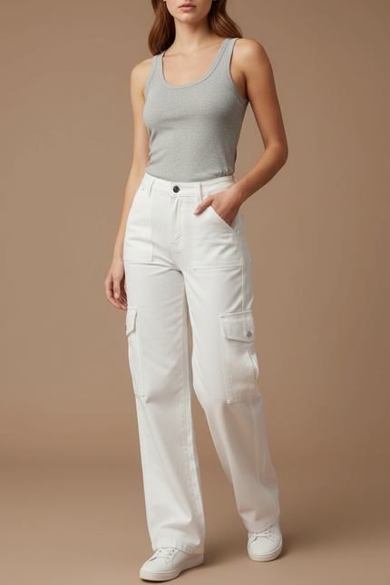 Pantalon Cargo Blanc Ample Multipoches Décontracté Femme - Toile