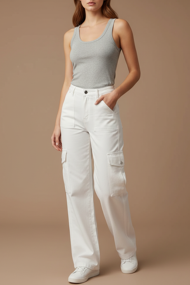 Pantalon Cargo Blanc Ample Multipoches Décontracté Femme - Toile